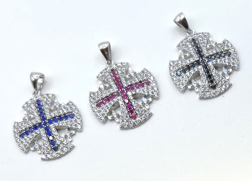 Sterling Silver Colored Pave Stone Jerusalem Cross Pendant